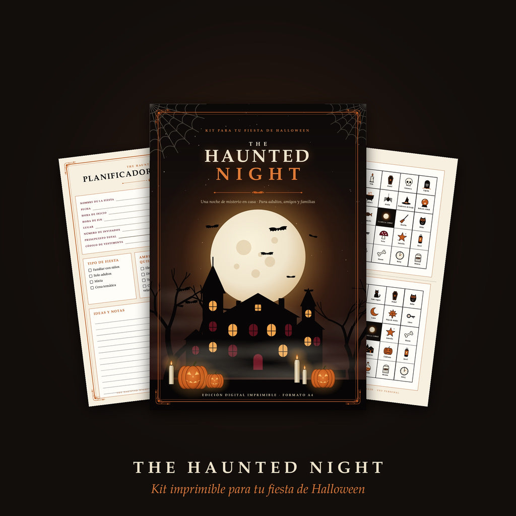 Portada del kit imprimible The Haunted Night para fiesta de Halloween
