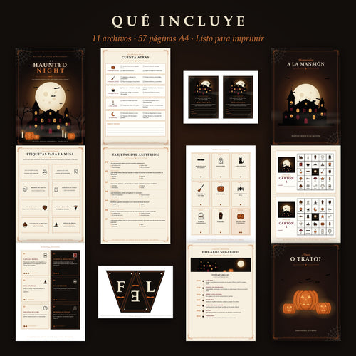 Contenido del kit: planificador, invitaciones, decoración, etiquetas y juegos de Halloween