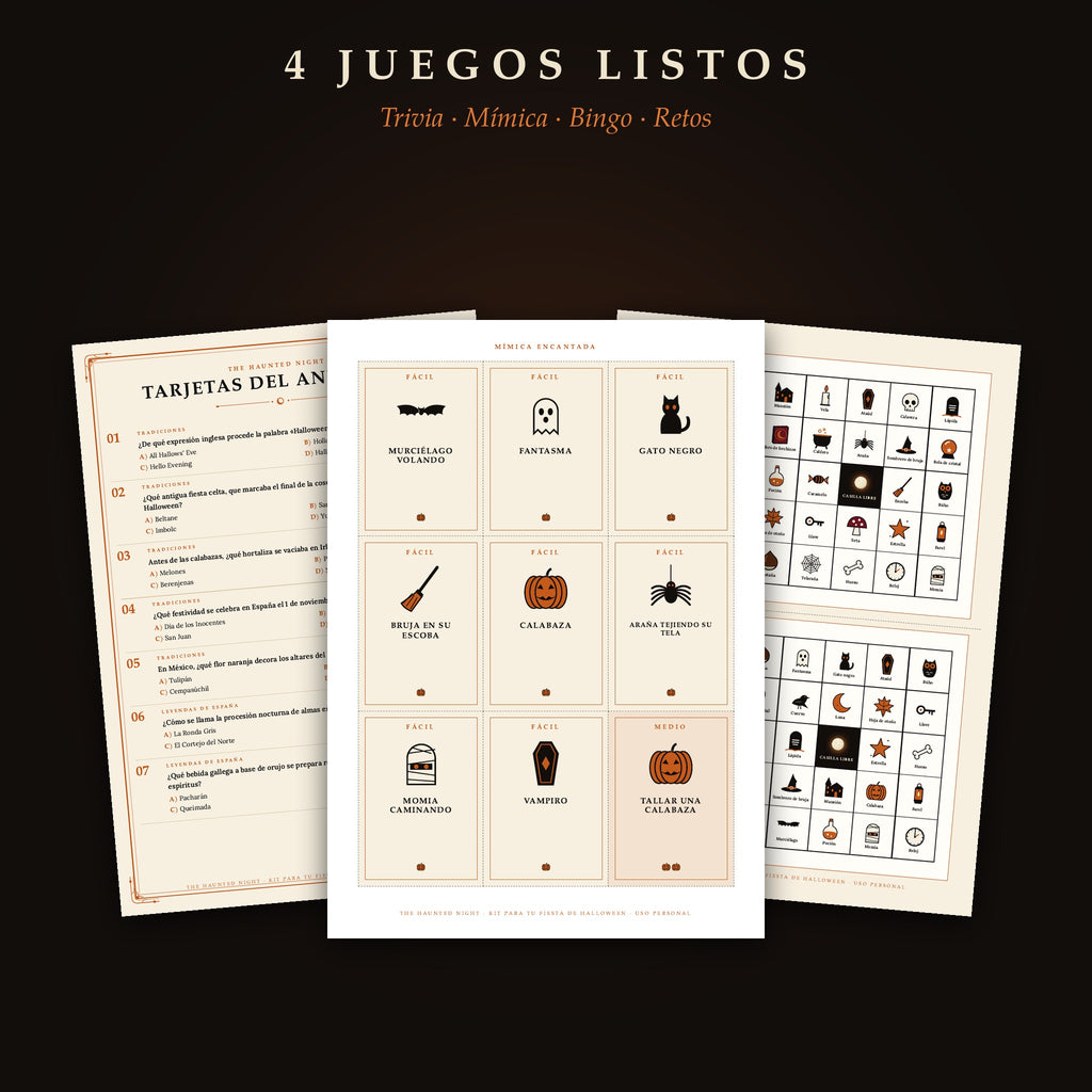 Juegos de Halloween imprimibles: trivia, mímica y bingo