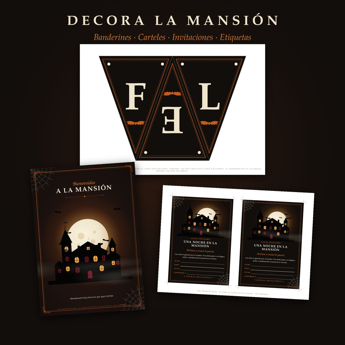 Decoración imprimible de Halloween: banderines, cartel e invitaciones